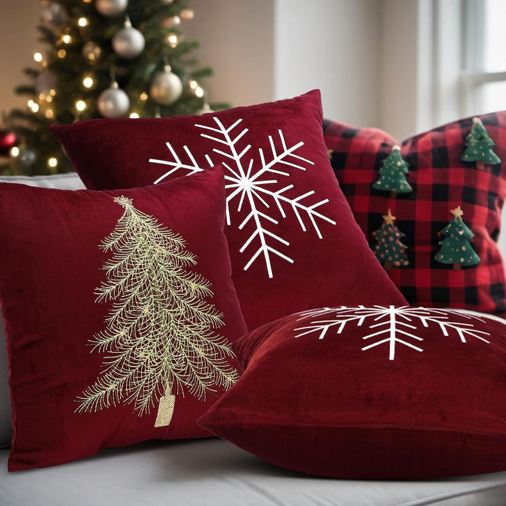 Christmas Pillow Covers, Red, Snowflake and Xmas Tree - Set of 2