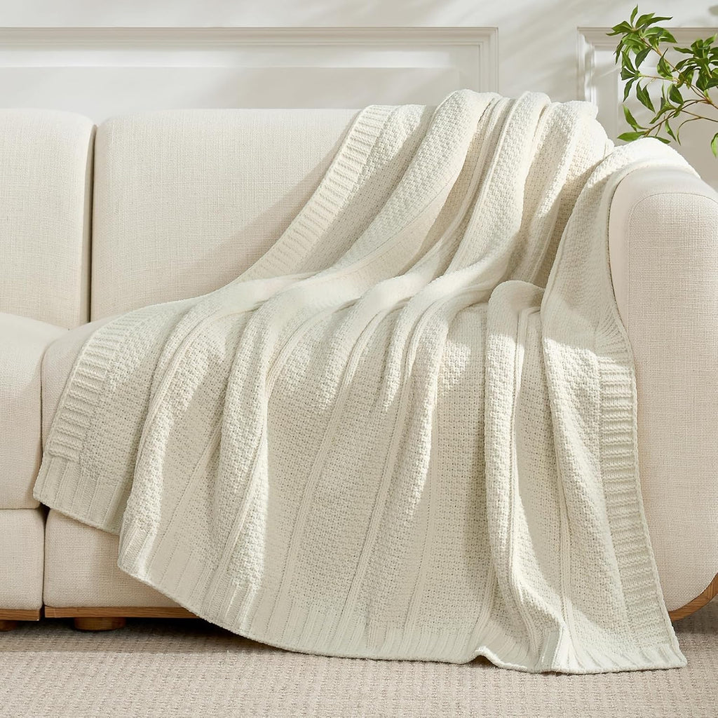 Premium Chenille Throw Blanket, Soft Cozy Moss Stitch Knit Blanket, Chair, Home Decor, Cream White 50"x60"
