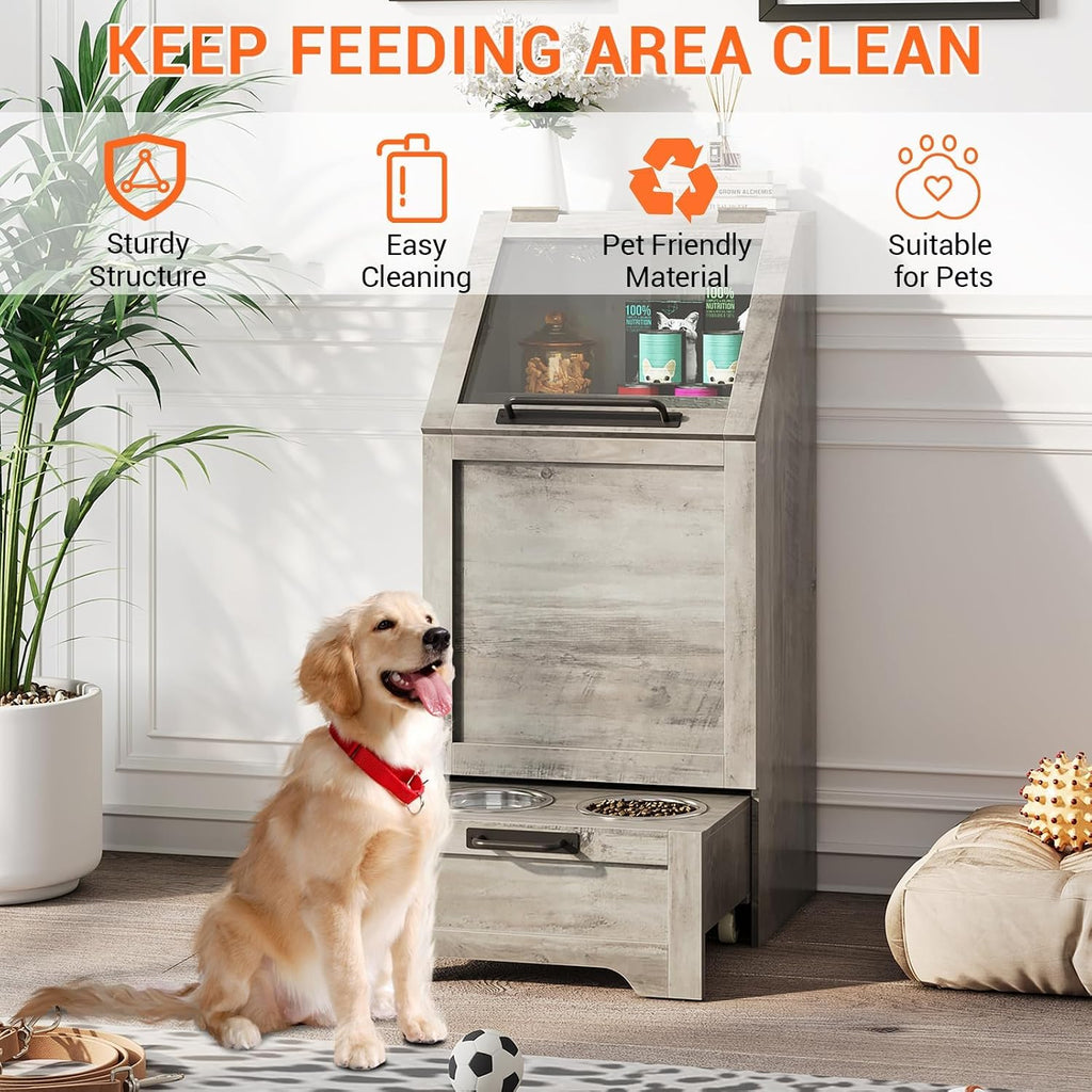 Dog Feeding Station, with Pet Feeding Station, Flip Top Dog Food Storage Cabinet, 2 Elevated Bowls, Includes 3 Hooks