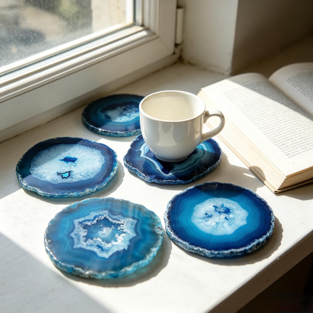 Coasters Set of 4 Agate Coaster Teal Irregular Dyed 4-5" for Drinks Coffee Wine Bar Glasses with Rubber Bumpers