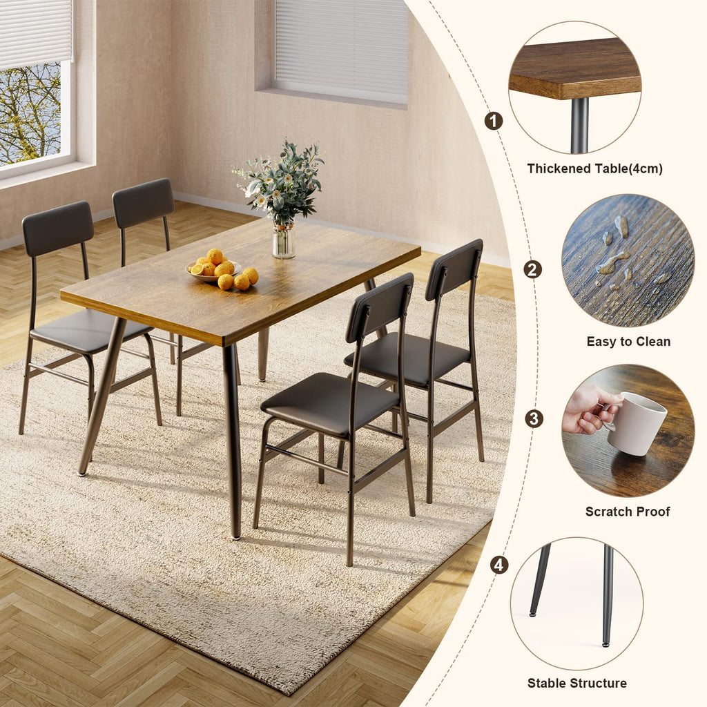 5 Piece Dining Table Set for 4, Modern Metal & Wood Kitchen Dinner Table with 4 Chairs, Space-Saving Dining Room