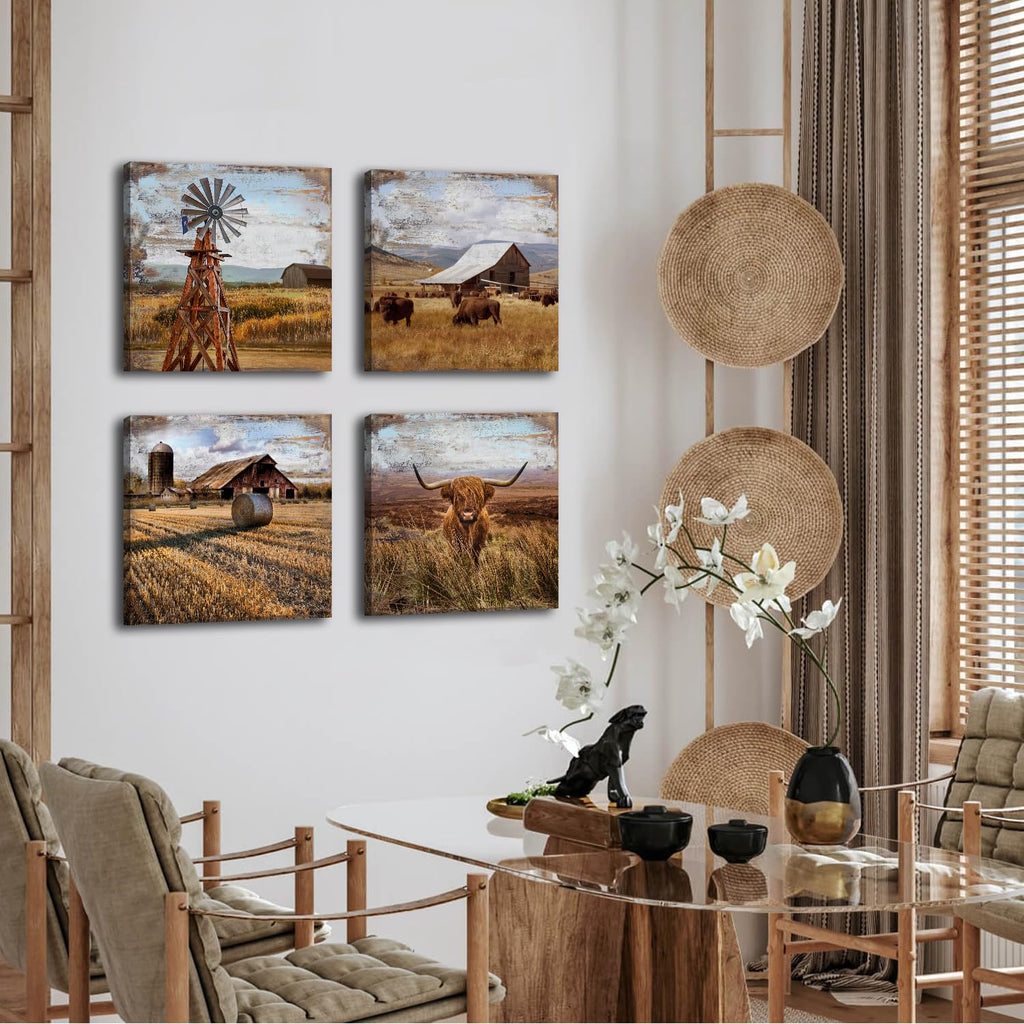Highland Cow Wall Art Farmhouse Kitchen Decor Western Decor Rustic Windmill Barn Canvas Prints Pictures Retro Country