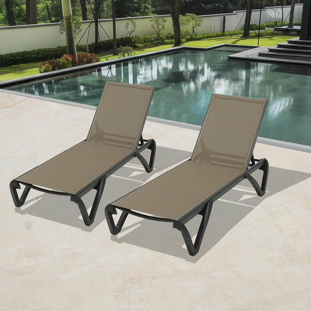 Pool Lounge Chairs Set of 2, Aluminum Patio Chaise Lounge with Wheels, 5 Position Adjustable, All Weather