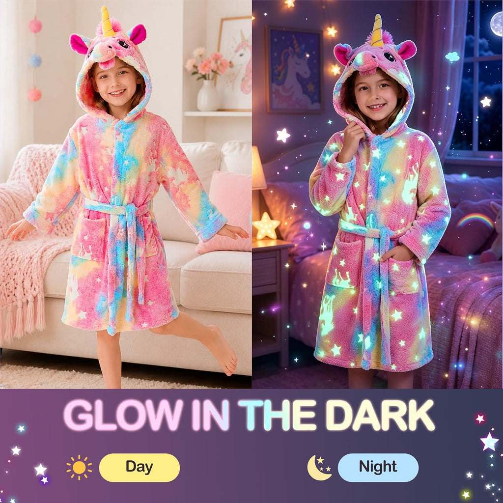 Glow in The Dark Kids Robes for Boys Girls Toddler Warm Fleece Hooded Bathrobe Soft Fuzzy Bath Robes