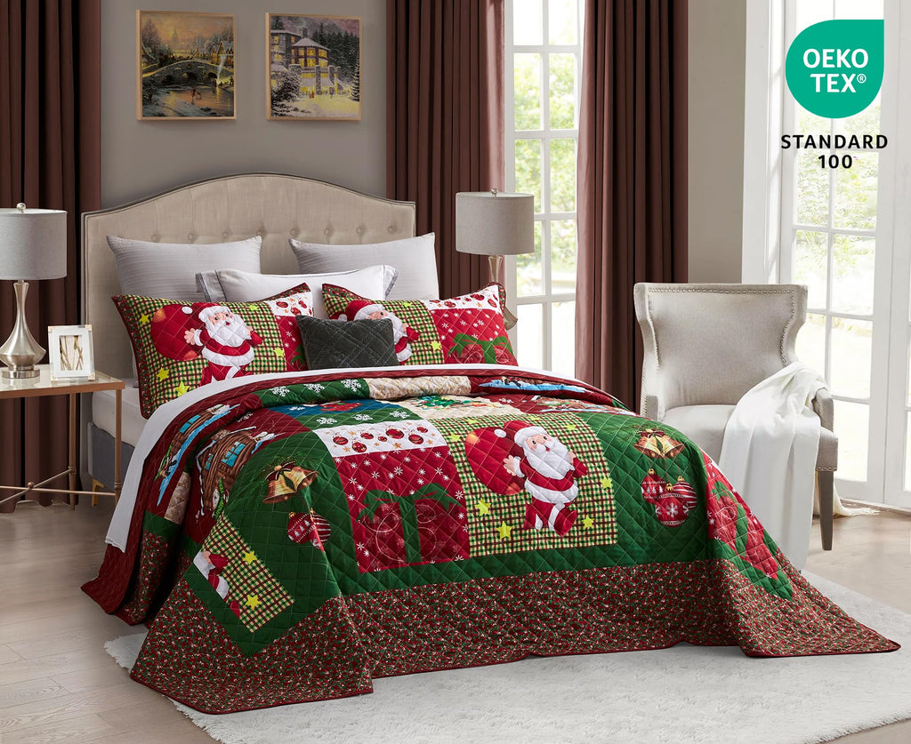 Christmas Oversized Bedspread King Size, Santa Claus Pattern Bedding Quilt, Rustic Lodge Plaid Patchwork Coverlet