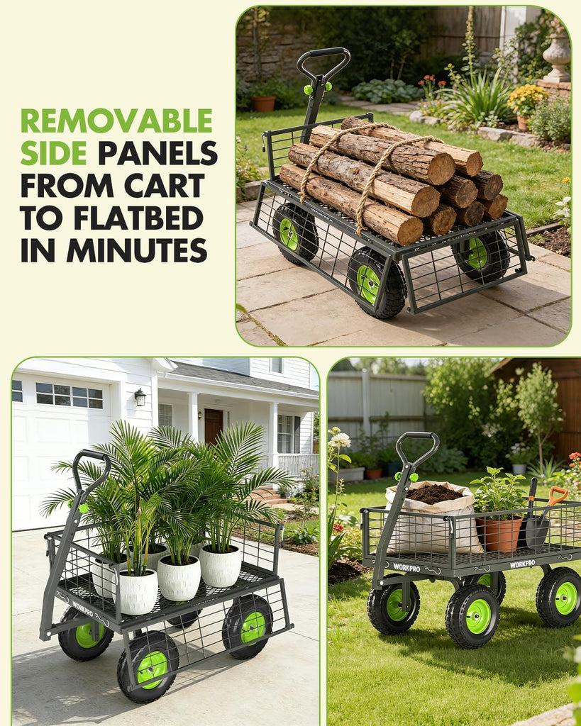Large Heavy Duty Garden Cart 770 lb, 2-in-1 Convertible Utility Wagon with Removable Sides, 180° Tow Handle for ATV