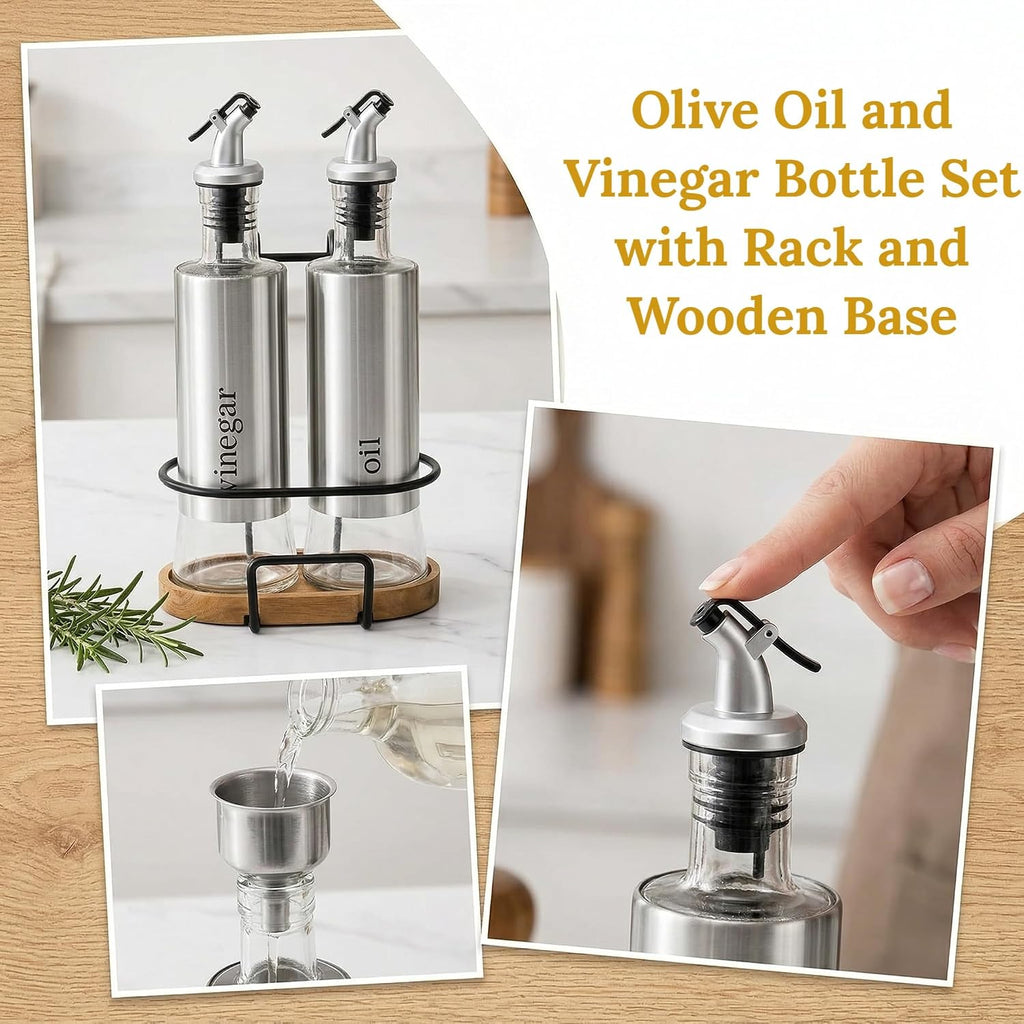 Olive Oil and Vinegar Bottle Set with Rack and Wooden Base, 10OZ Olive Dispenser Glass Cooking Oil Cruet - Set of 2