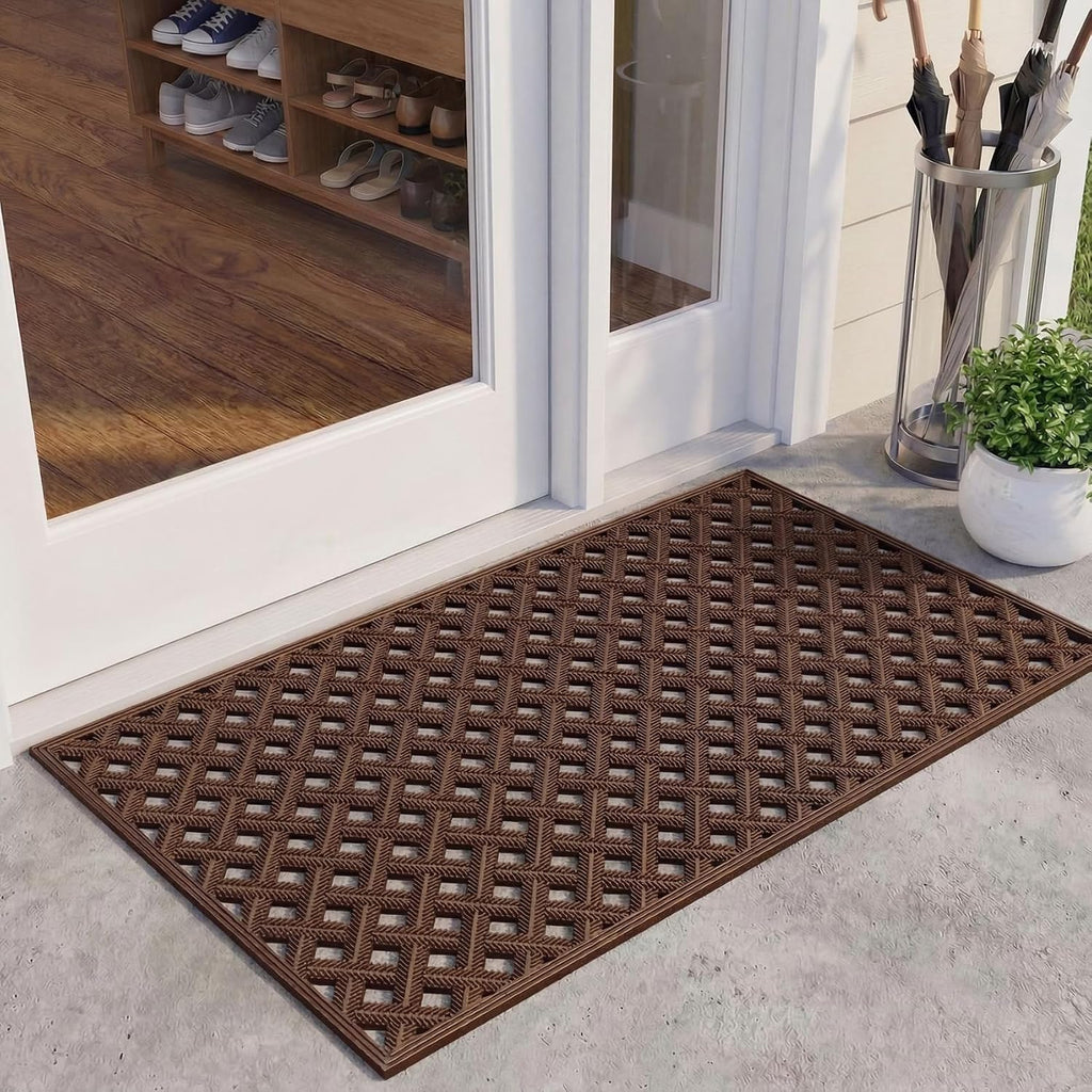 Outside Dirt Trapper Door Mat with Drainage 24"x36" Brown | Heavy Duty Rubber Welcome Mat, Waterproof Easy Clean,All