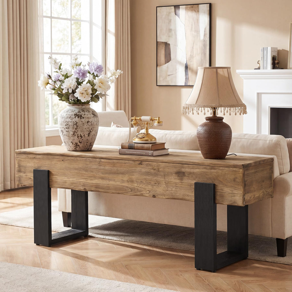 63-Inch Solid Wood Entryway Bench, Farmhouse Indoor Shoe Bench with Thickened Legs, Heavy Duty Wooden End of Bed