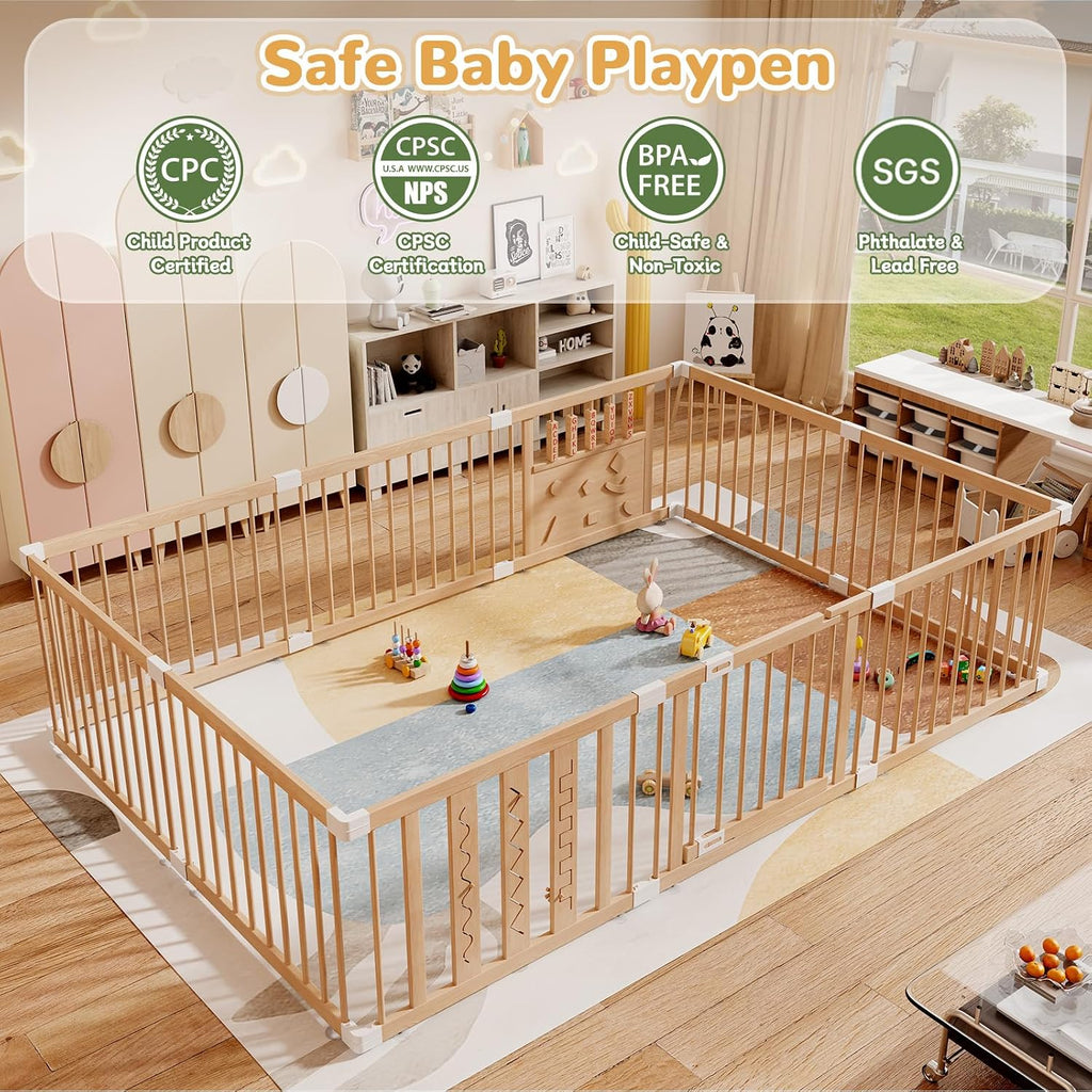 Wooden Baby Playpen, 96"x64" Extra Large Play Yard for Toddlers | Natural Wood Playpen with Child-Proof Lock, Easy