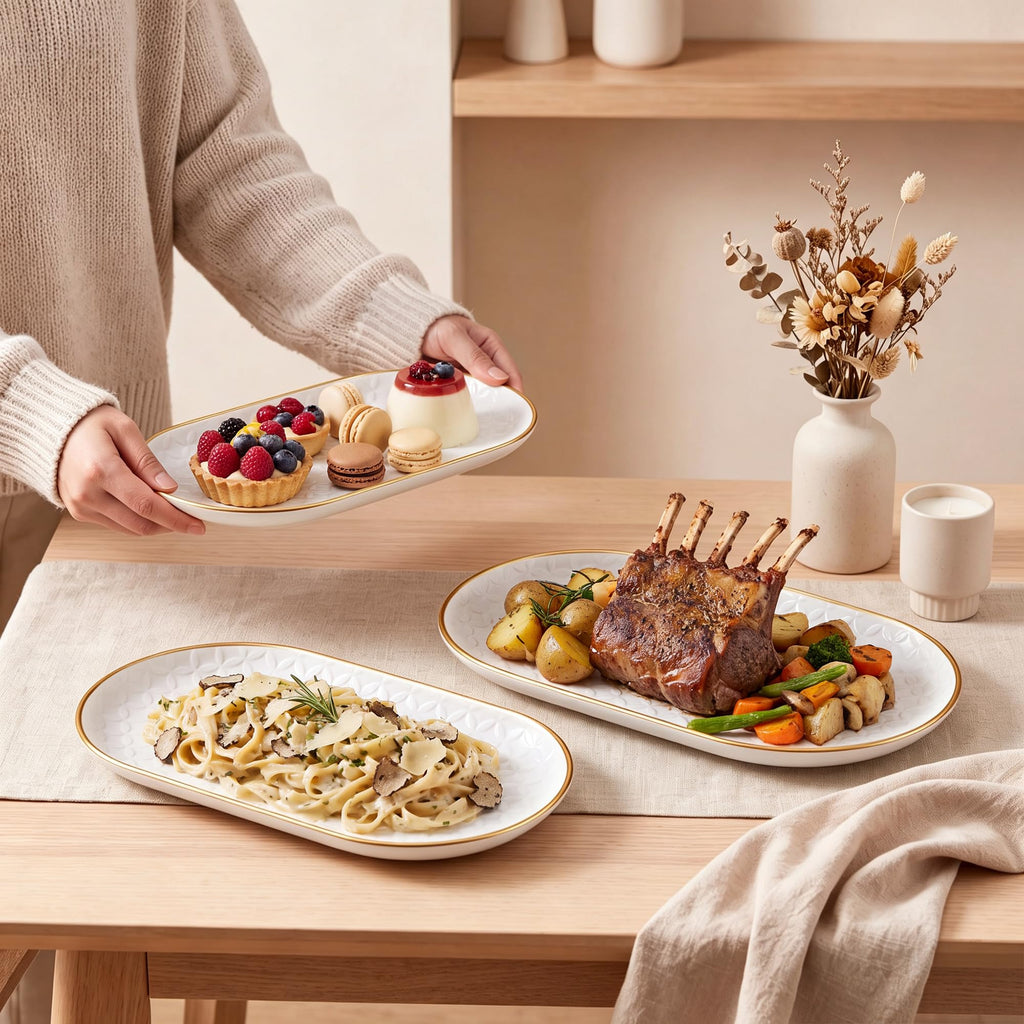Gold Rim Ceramic Serving Platter 16"/14"/12" Decorative White Gold Serveware for Parties Entertaining Elegant Serving
