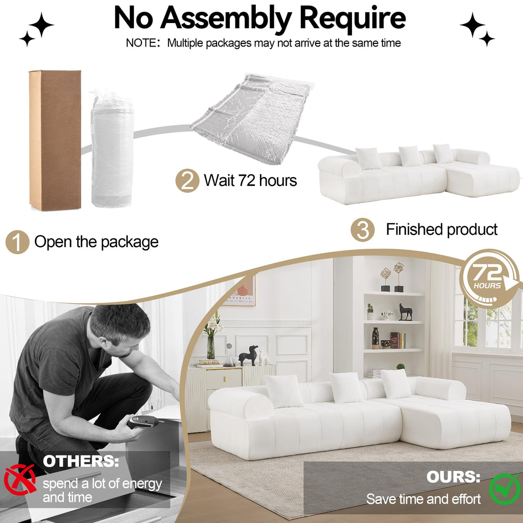 119'' Curved Boneless, 3 Seat L Shaped Couch White