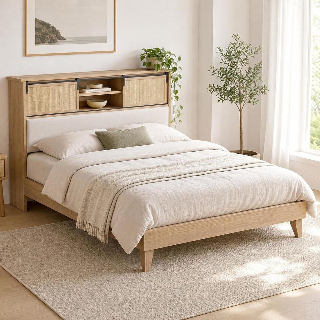 Queen Solid Wood Bed Frame with Storage Headboard, Rattan Upholstered Bookcase Headboard with Sliding Doors &