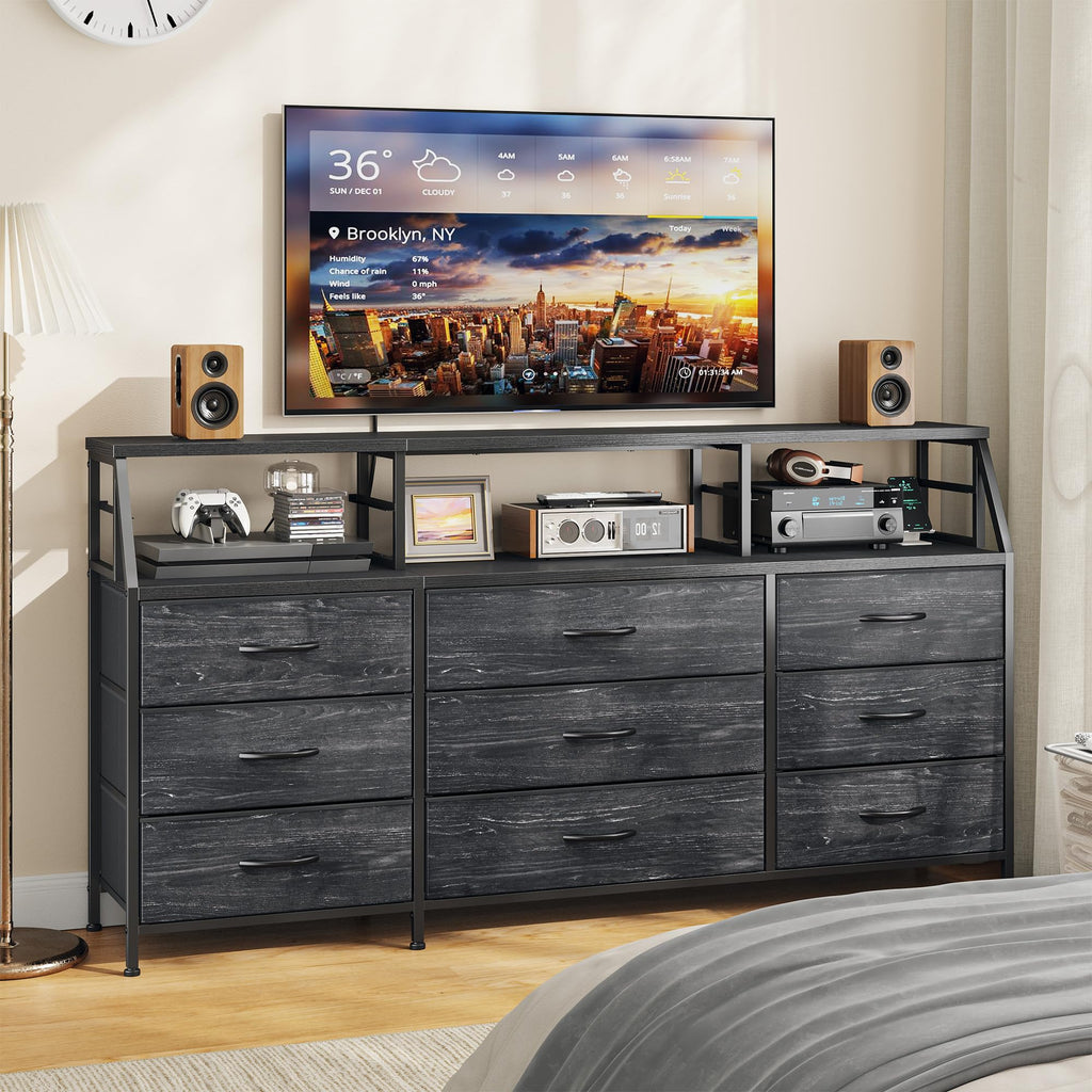 Black Dresser with 9 Fabric Drawers & Display Top Shelf
