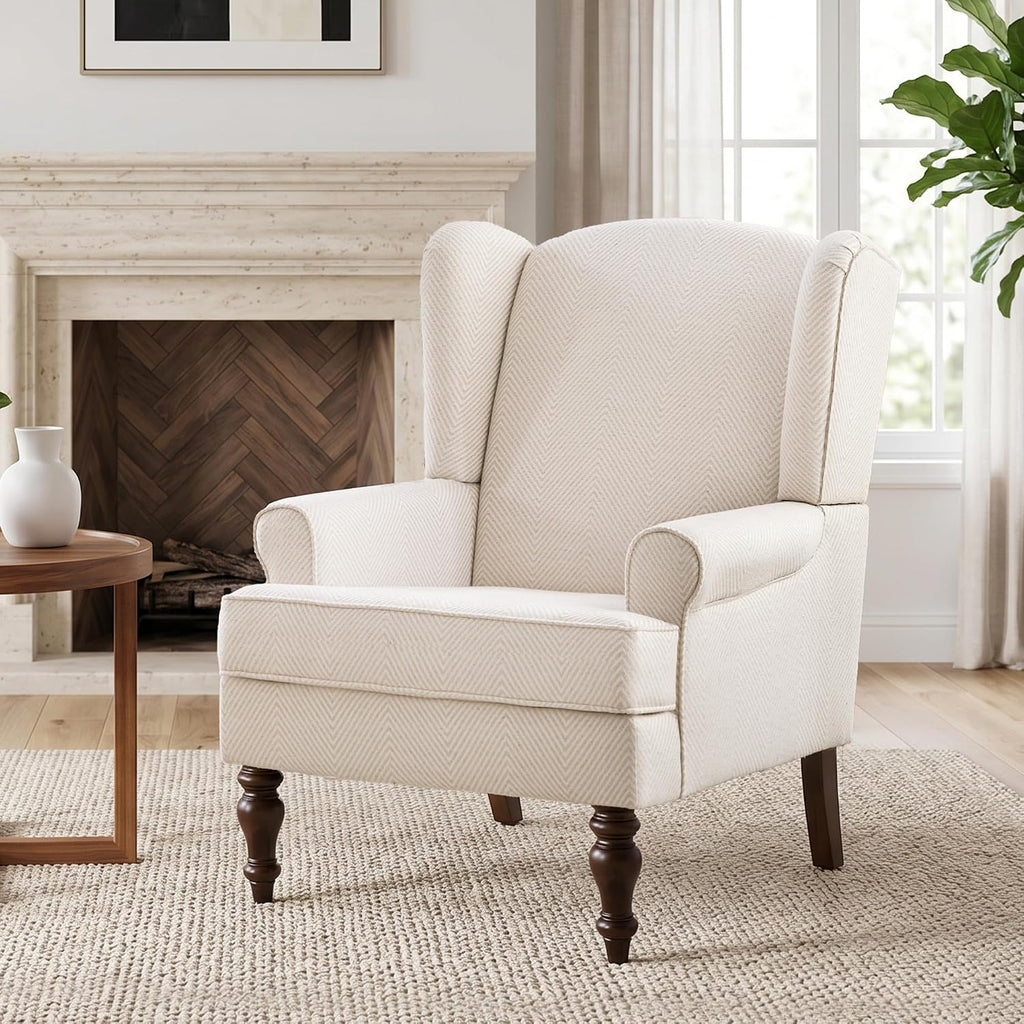 Printed Wingback Accent Chair, Linen Upholstered High Back Armchair, Comfy Reading Chair Bedroom Study, 300lbs Weight