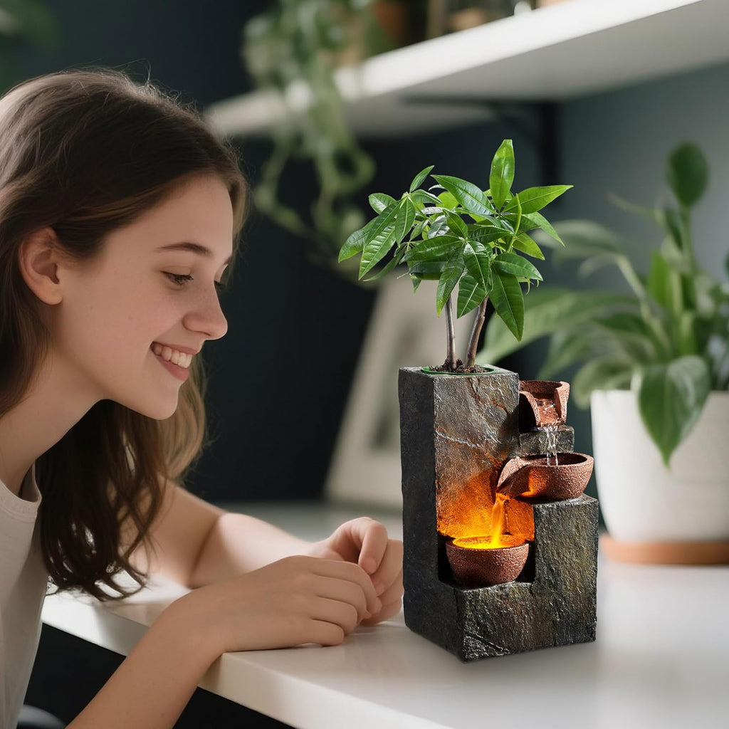 Tabletop Indoor Water Fountain - 3-Tier Rock Waterfall Fountain with Warm LED Light and DIY Planting Pot - Relaxing