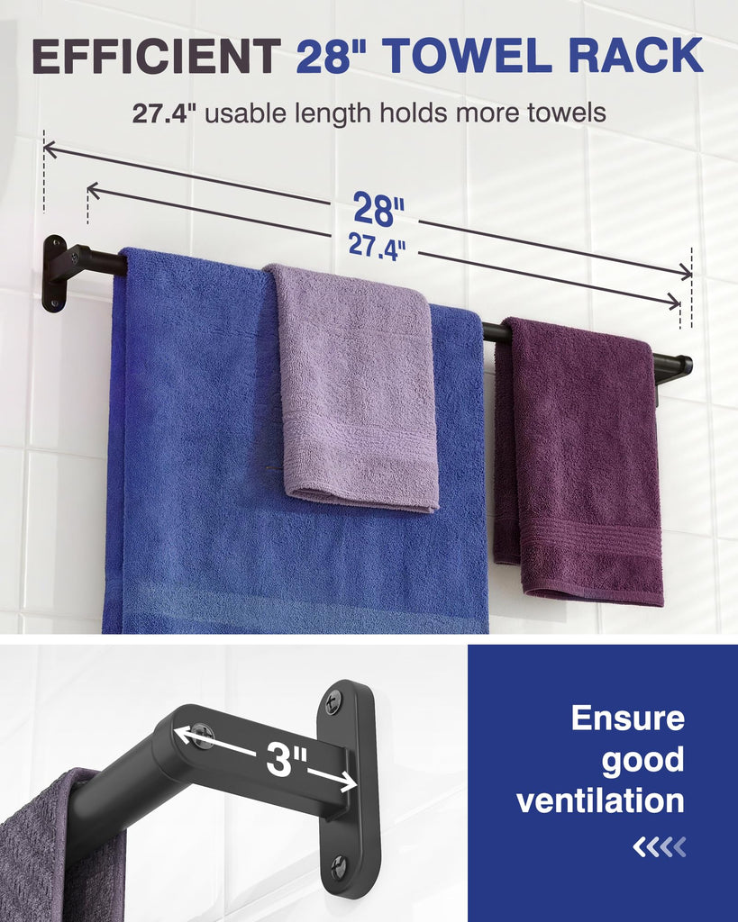 Matte Black 28" Towel Rack, Rustproof Wall Mounted Towel Bar