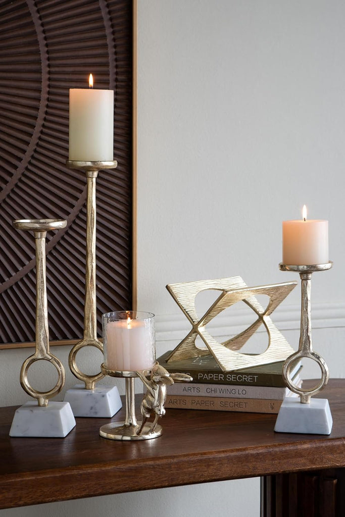 Golden Ring Aluminum and Marble Pillar Candle Holder Set of 3 - Elegant Metallic Decor for Stylish Homes - L:D3.5x17