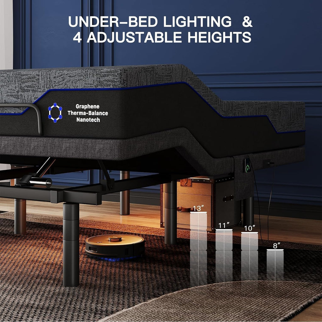 Split King Adjustable Bed Frame and 14 inch Mattress Set, Electric Bed Base, Head and Foot Lift, Wireless Remote, 4