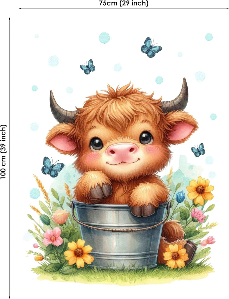 Highland Cow Cotton Fabric Panel 30x40 - Baby Quilt Panel, Farm Animal Fabric, Cute Calf Design, Cotton Twill