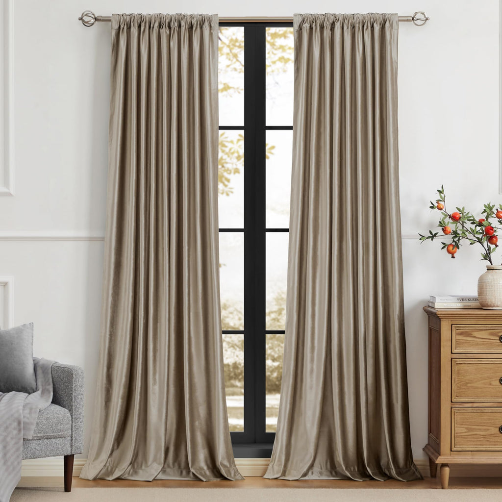Taupe Curtains 120 inch, 2 Panels Velvet Drapes Blackout Rod Pocket Back Tab Window Treatment Room Darkening