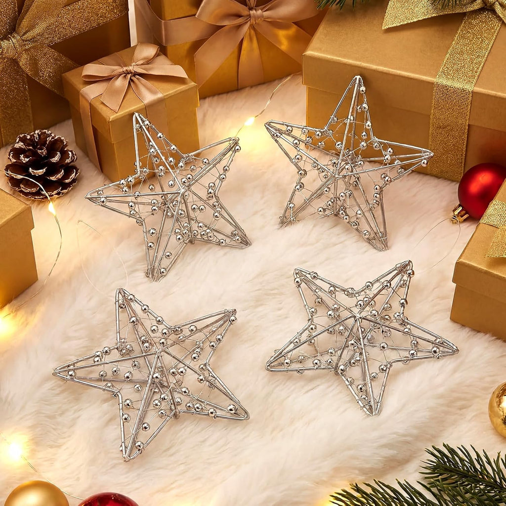 2.8" Beaded Silver Star Ornaments 3D Metal Christmas Decor - Set of 12