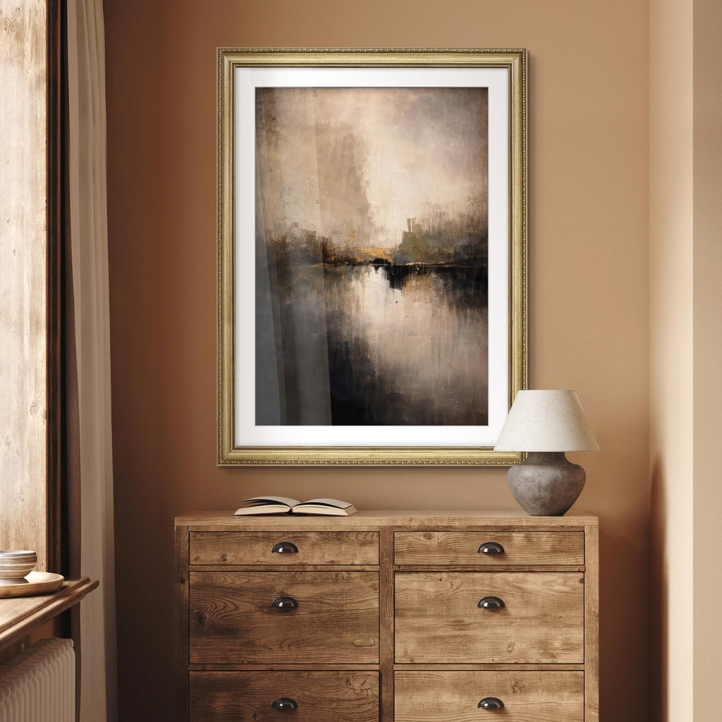 Premium Framed Wall Art Abstract Moody Reflection Landscape in Earth Tones Illustrations Impressionism Colorful - 26"