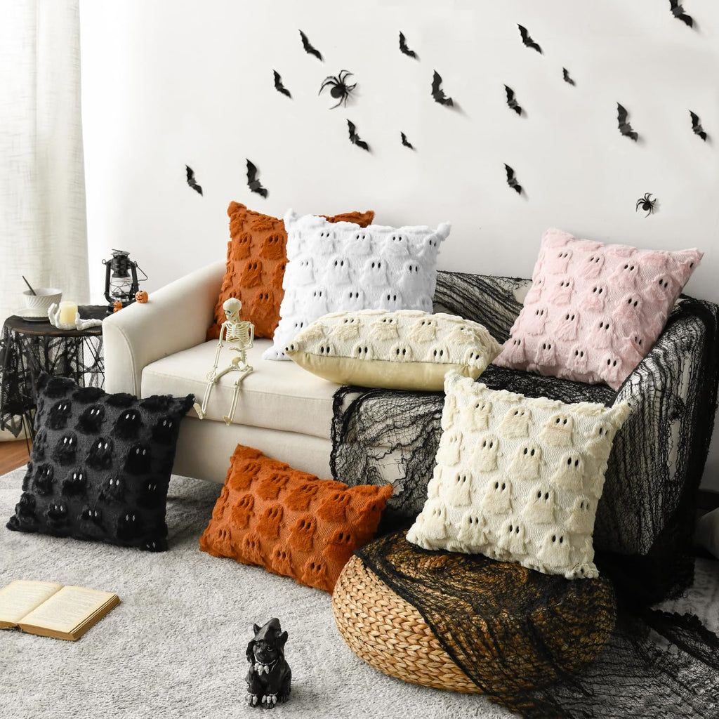 Halloween Ghost Caramel Throw Pillow Cover Set of 2, 20 x 20 Inch Soft Plush Faux Fur Jacquard Spooky Cushion Case