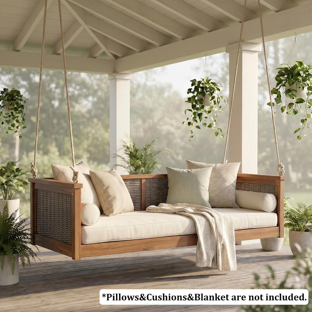Twin Size Porch Swing Bed, Acacia Wood Outdoor Hanging Daybed with Hemp Rope, Rattan Swing Bench , Backyard, Garden