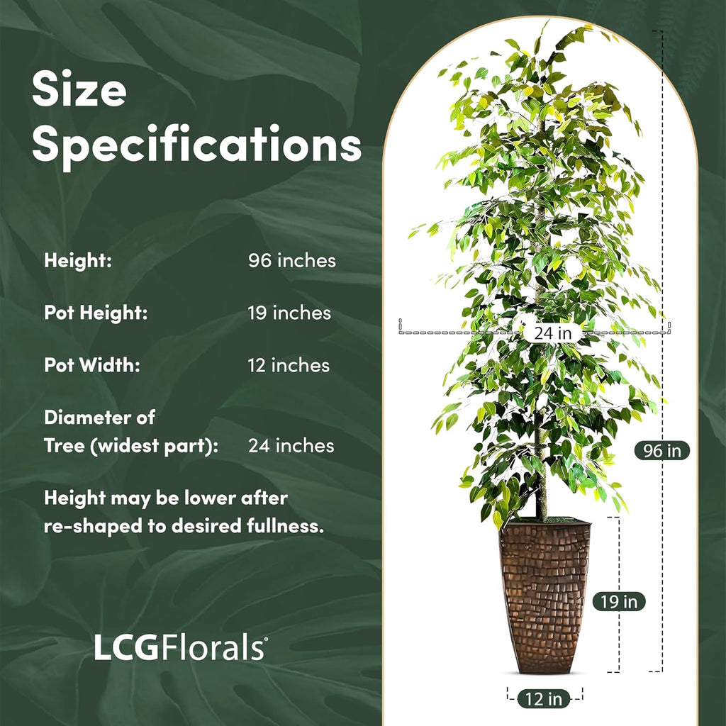 8ft Ficus Tree Artificial in Copper Metal Pot by - Real Wood Trunk, Premium Handmade, Faux Fake Indoor Tree Decor