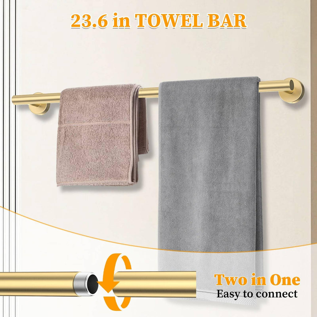 Brushed Gold Bathroom Hardware Set 6-Pieces Towel Bar Set Stainless Steel Bathroom Accessory Set 23.6 Inch Wall