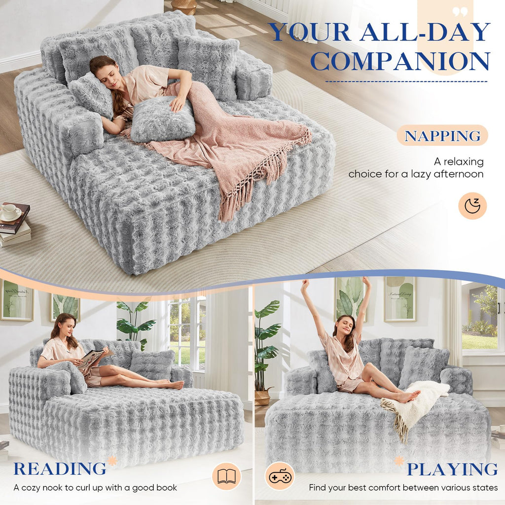 60.75" Oversized Chaise Lounge Indoor, Modern Comfy Bubble Faux Fur Fabric Deep Seat Boneless Sleeper Chaise Lounge