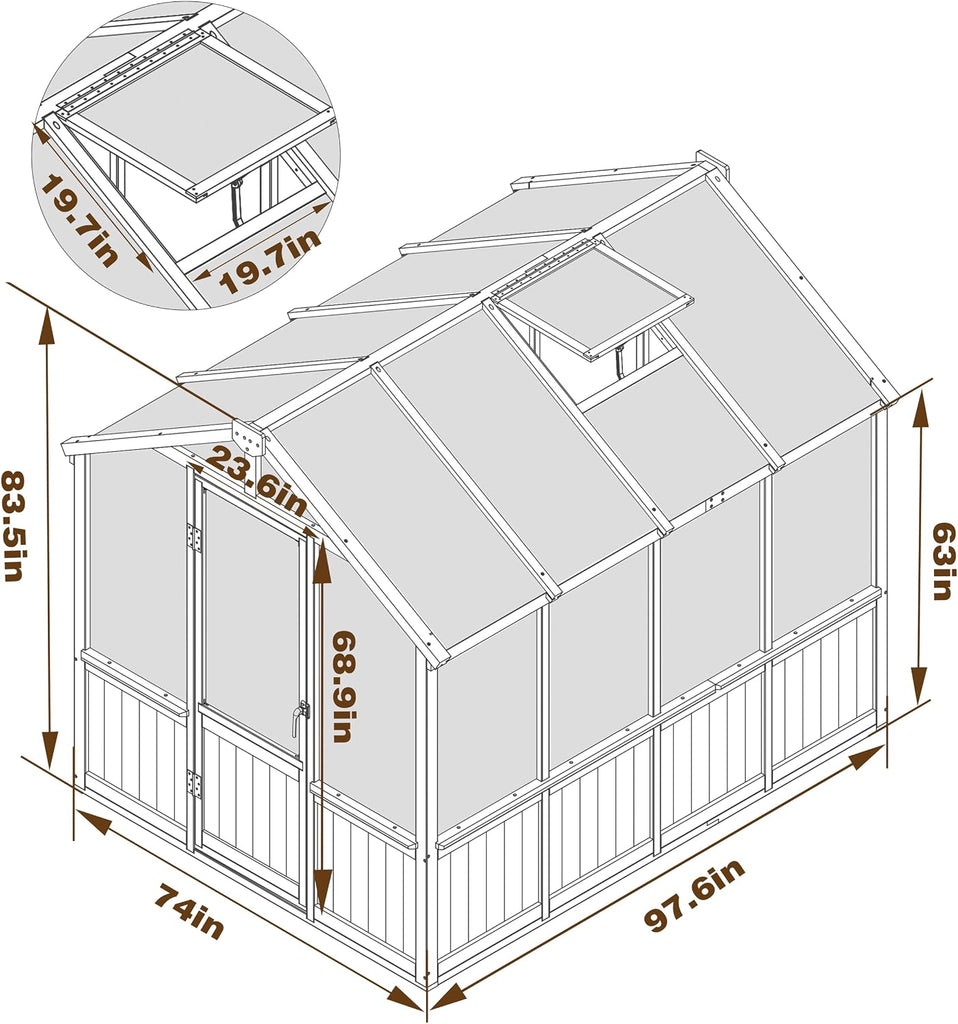 6 x 8 FT Wooden Polycarbonate Greenhouse with Ventilated Window and Lockable Door, 6mm PC Panels for UV Protection