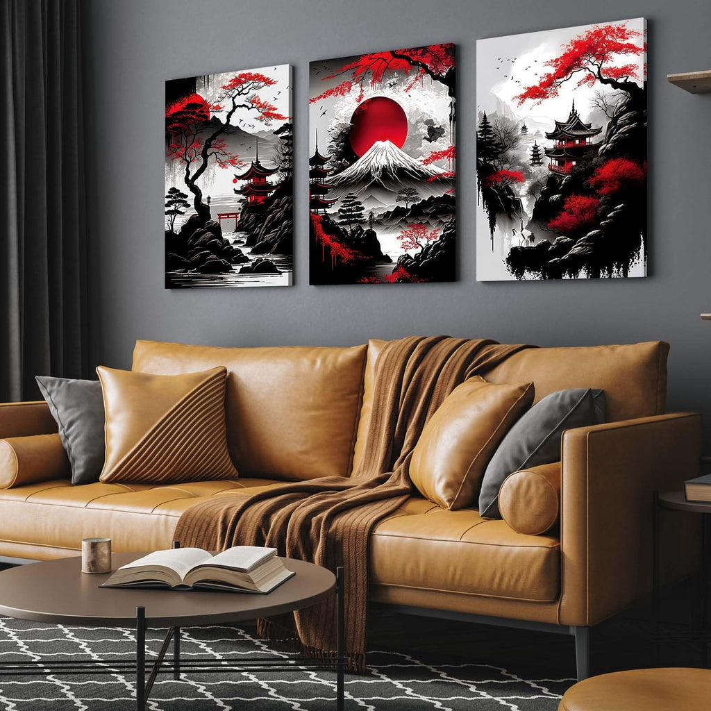 3 Piece Framed Canvas Wall Art Japanese Landscape Wall Decor with Red Sun, Mount Fuji, Pagoda & Cherry Blossom