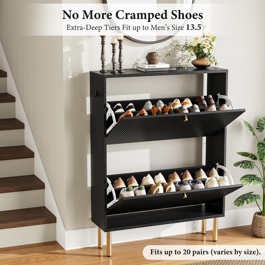 Shoe Cabinet Storage, Narrow Shoe Rack with Metal Legs, 9.5" Slim 2 Flip Drawers Shoe Storage Cabinet for Small