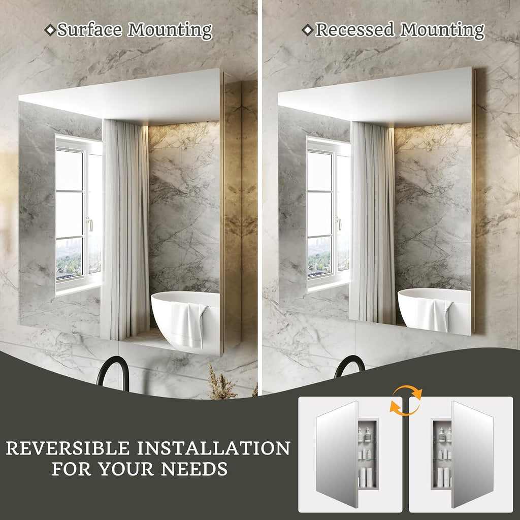 24 x 26 in Medicine Cabinet with Mirror and Side Panels, Silver | Surface or Recessed Medicine Cabinet Mirror with