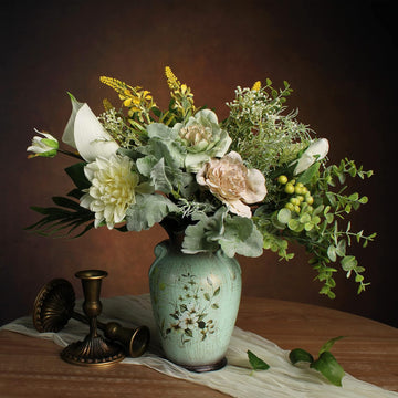 Faux Flowers in Ceramic Vase, Artificial Flower Arrangement Decoration Kitchen Living Dining Room Coffee Table