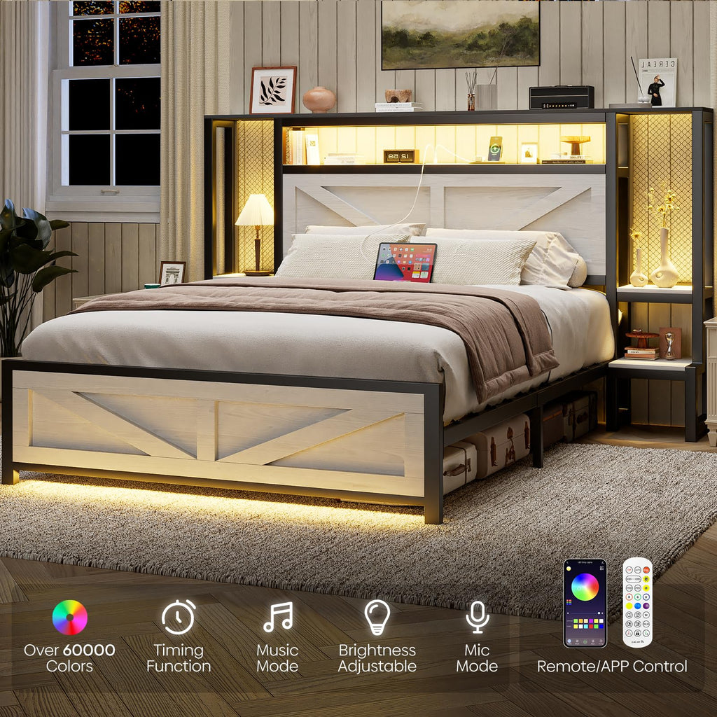 Rustic Bed Frame with Storage Born Door Headboard and Bedside Storage, Industrial Farmhouse Metal Platform