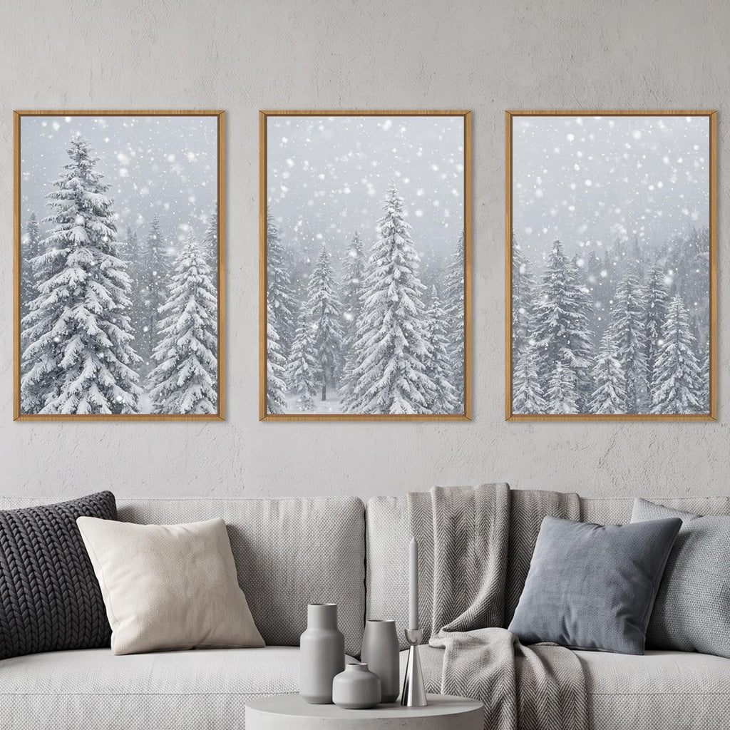 Winter Christmas Tree Snowy Forest Scene Framed Canvas Wall Art Set, Natural Snow Covered Pine Tree Snowflake Wall