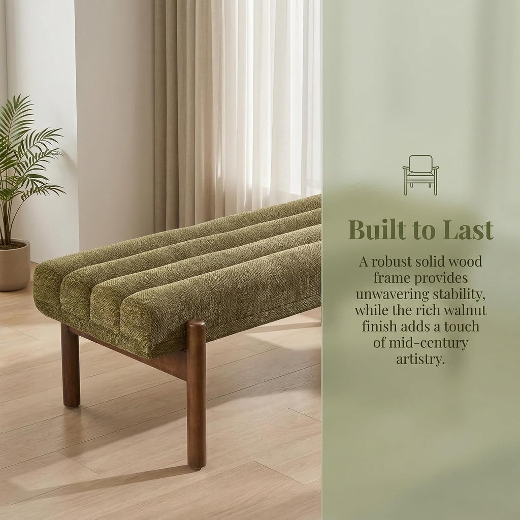 Green Modern Bench End of Bed Entryway Living Room | Chenille Fabric, Wooden Legs, 47" Long, Upholstered, Vintage Mid