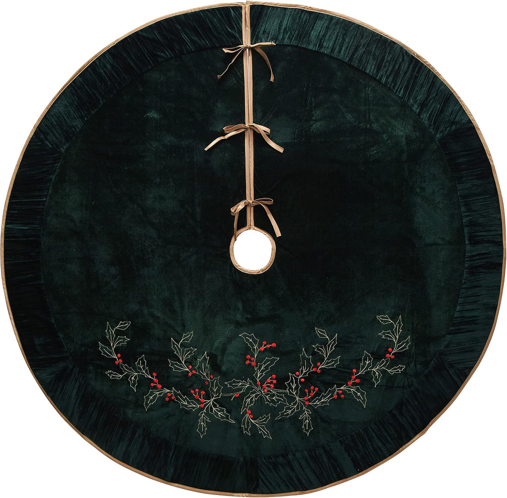 X.Sem Holly Leaf Embroidered Velvet Christmas Tree Skirt with Pleat Velvet Border 50'' (Dark Green, 50 inch)