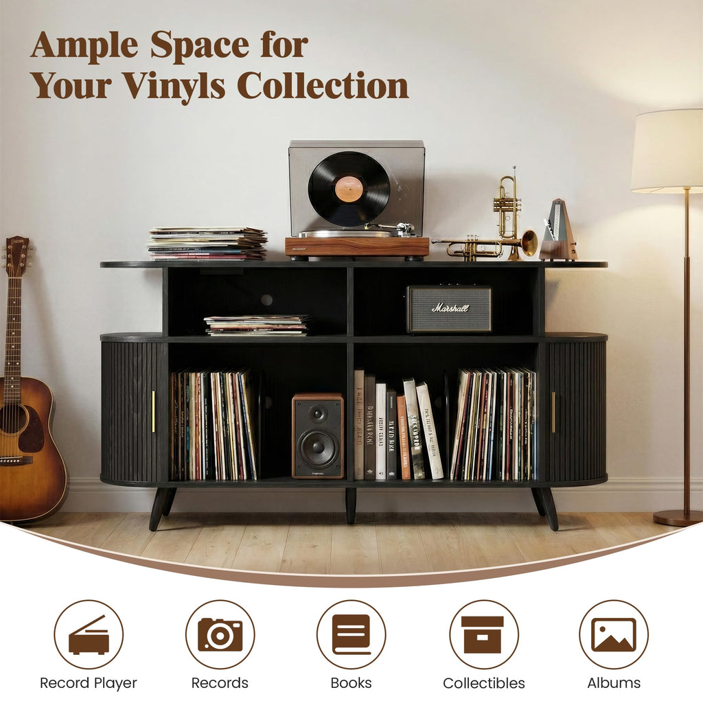 Large Record Player Stand with Storage, Media Stereo Shelf Charging, Black