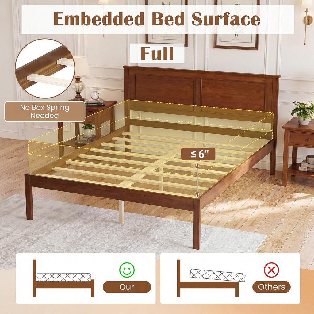 Full Size Bed Frame, Farmhouse Wooden Platform Bed with Headboard