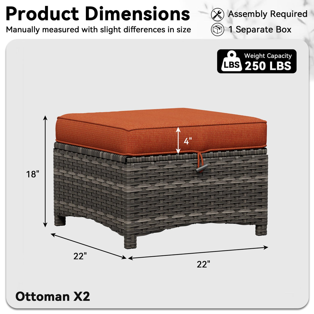 Patio Ottomans Set of 2, 22"x 22"x 18" Outdoor Wicker Footstool with Cushion, Orange, for Garden, Backyard, Deck