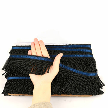 2.5" Wide Bullion Fringe Trim with Blue Ribbon,Black - 10 Yard
