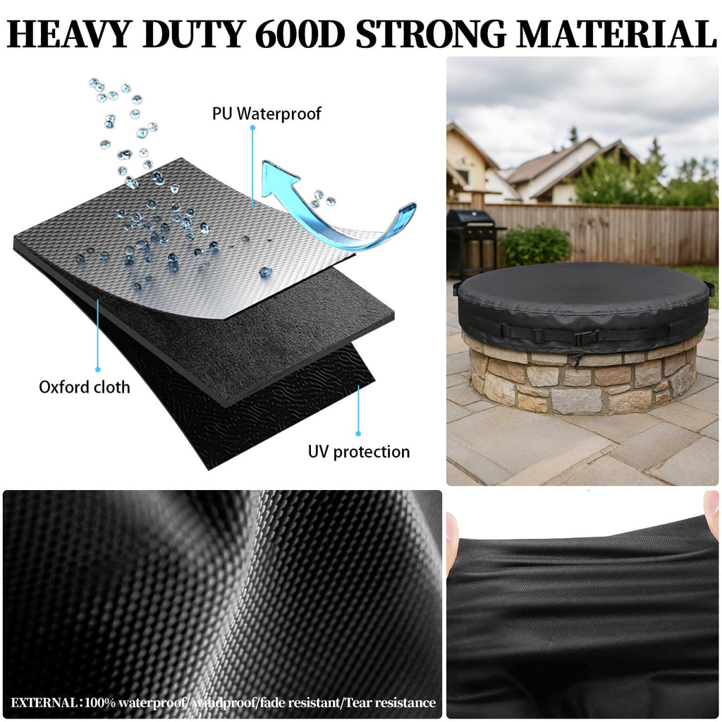Round Fire Pit Cover 51-56" | Heavy Duty 600D Oxford Waterproof Outdoor Firepit Cover with Adjustable Buckle Strap