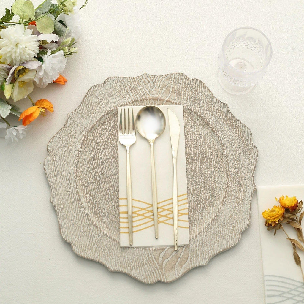 Rustic White 13 in Wooden Round Acrylic Charger Plates | 13-Inch Scalloped Trim Dinnerware Set for Holiday Parties