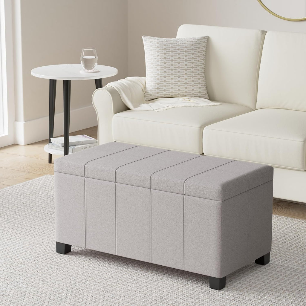 Dover 36" Wide Linen Look Fabric Storage Ottoman in Cloud Grey | Contemporary ottoman with lift-top and safety