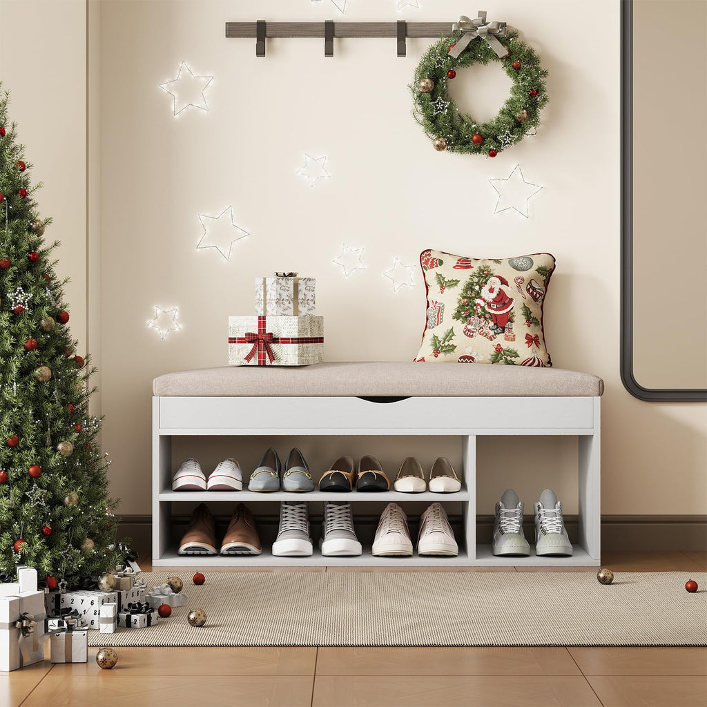 39 Inches Storage Bench with Padded Cushion, Shoe Bench with Storage Space, Upholstered Entryway Bench, 2-Tier Shoe