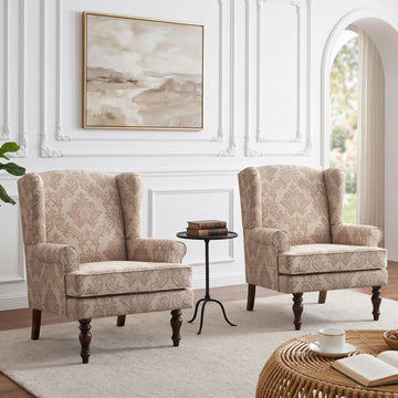 Printed Wingback Accent Chair, Linen Upholstered High Back Armchair, Comfy Reading Chair Bedroom Study, 300lbs Weight